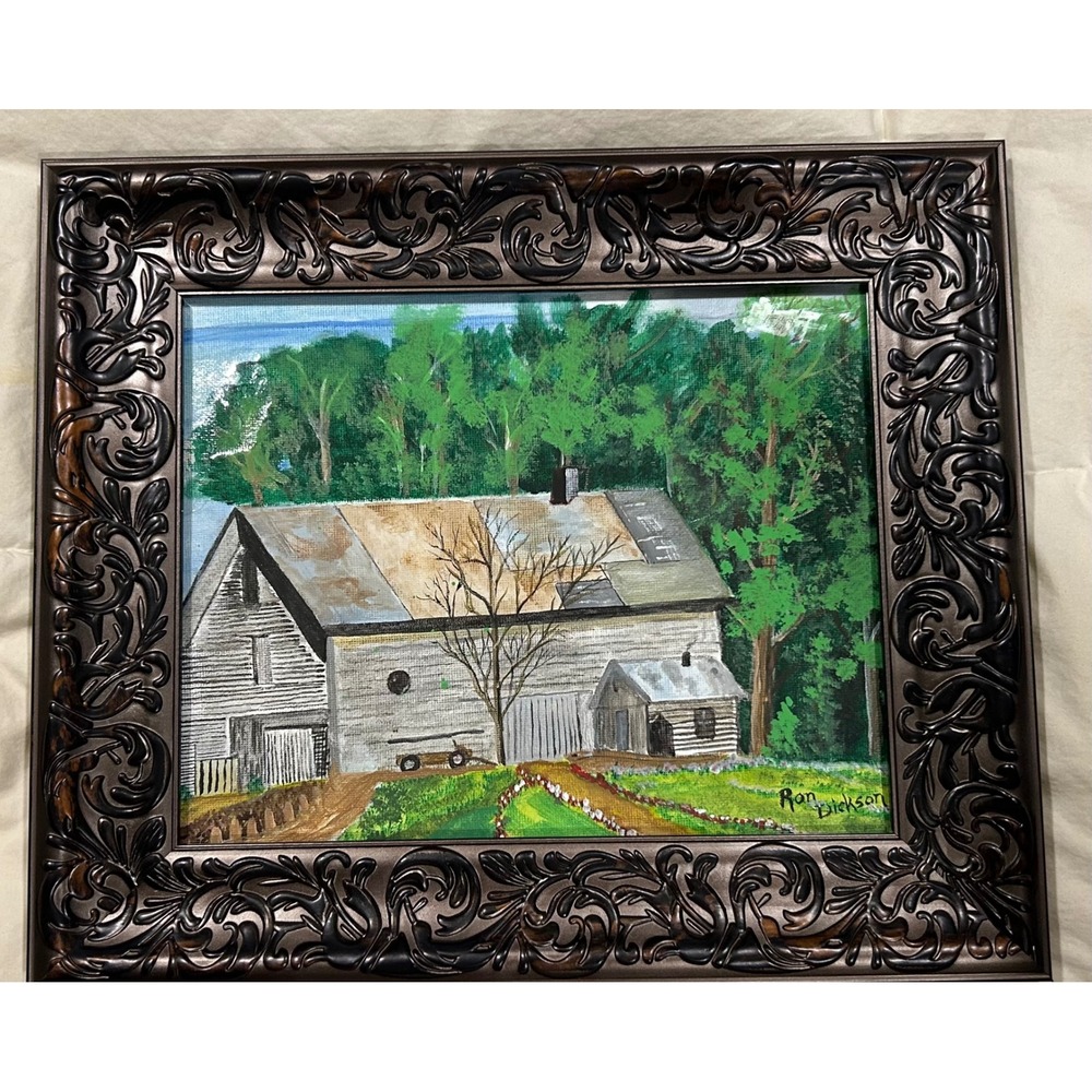 Ron Dickson Signed Original Barn Landscape Painting Ornate Bronze Frame 8x10